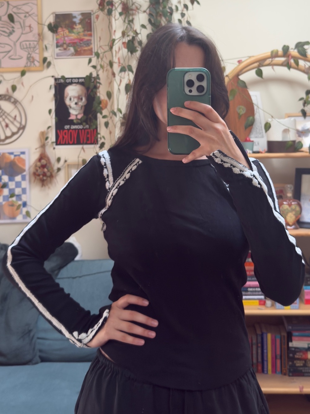 Free People Black Long-Sleeve Ribbed Top with White Trim Detailing size small
